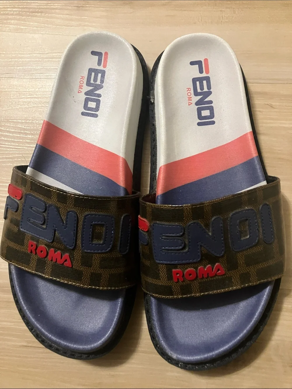 Fendi Brown Monogram Slides with Navy Footbed and Red Accents